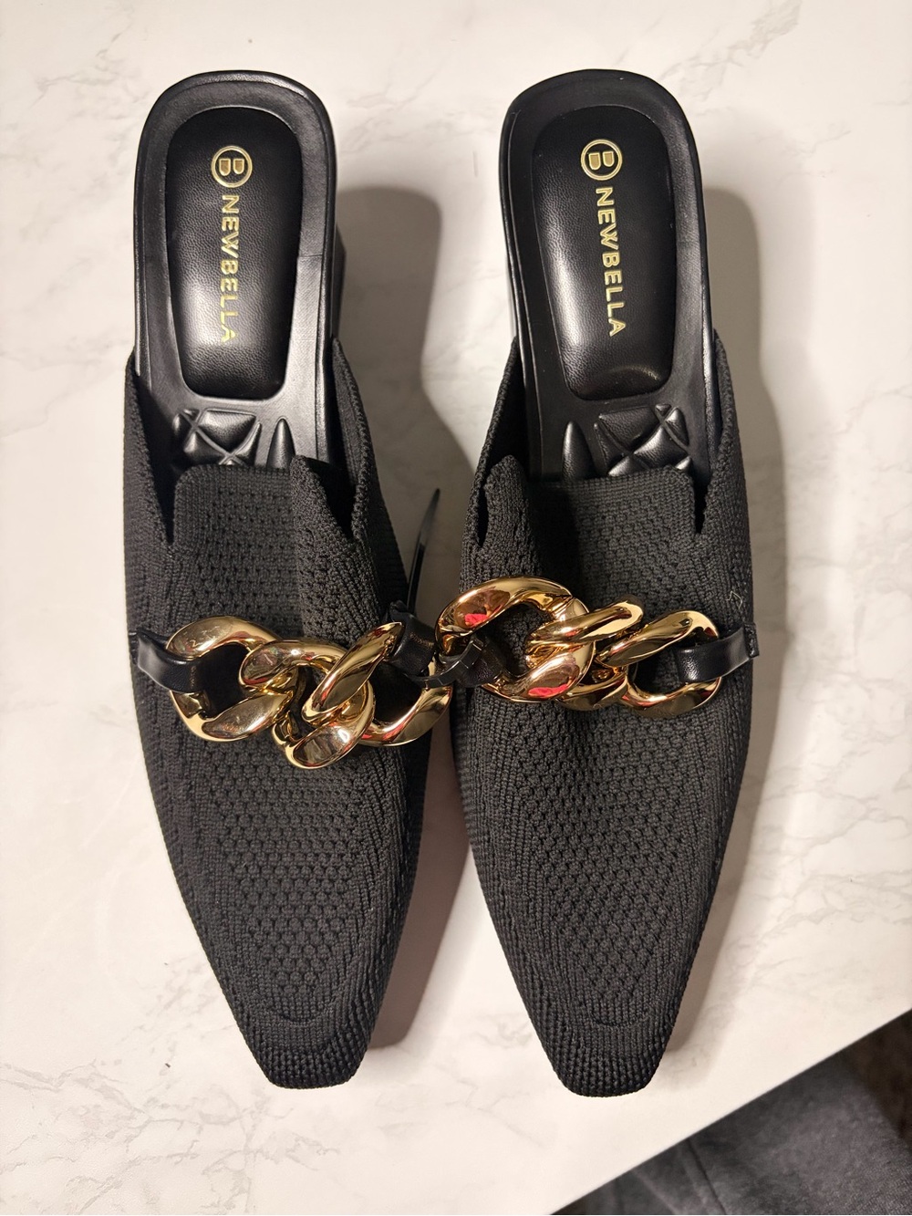 Newbella Black Knit Slip-On Mules with Gold Chain Accent